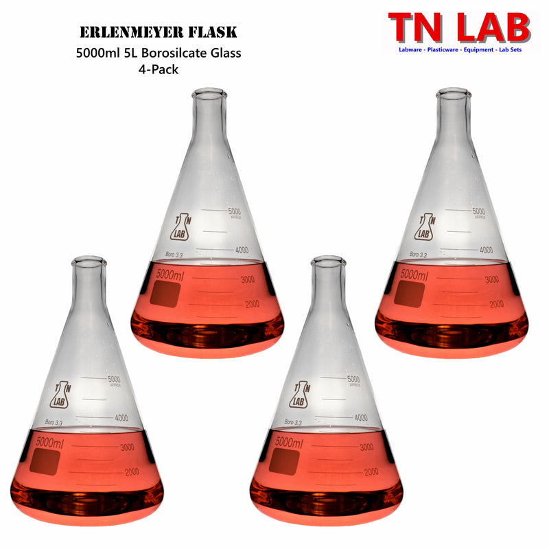 TN LAB 5000ml 5L Erlenmeyer Conical Flask Borosilicate Glass 4-Pack