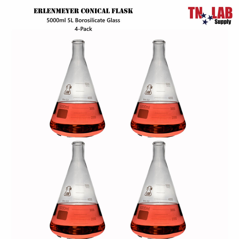 TN LAB Supply 5000ml 5L Erlenmeyer Flask Borosilicate Glass 4-Pack