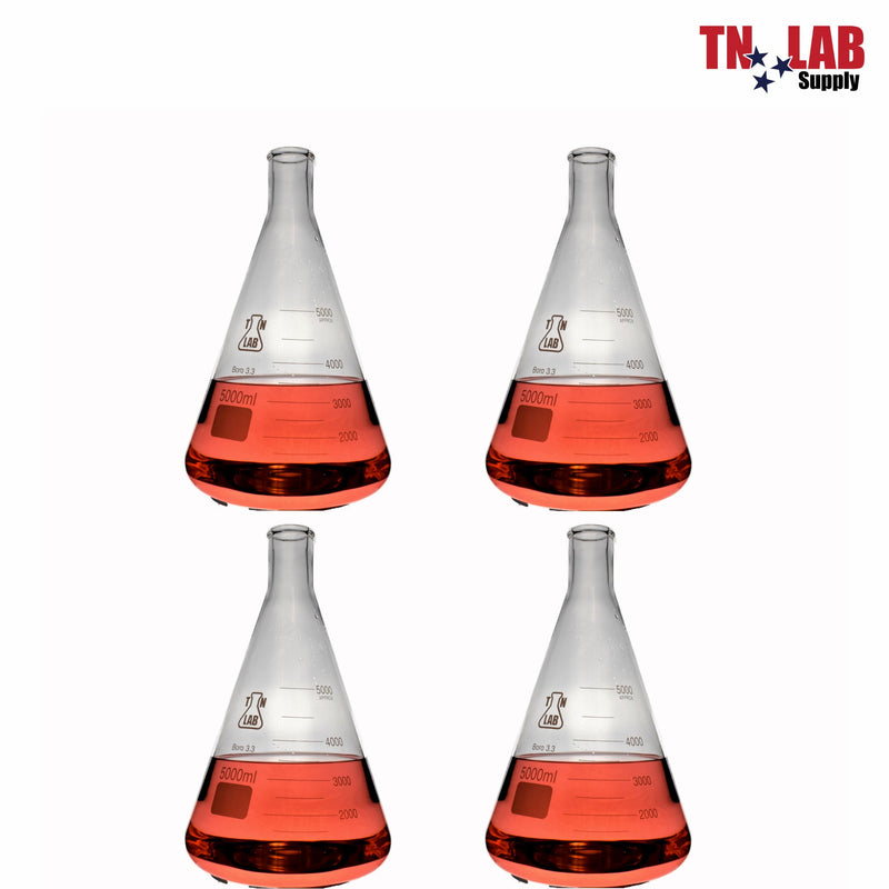 TN LAB Supply 5000ml 5L Erlenmeyer Flask Borosilicate Glass 4-Pack