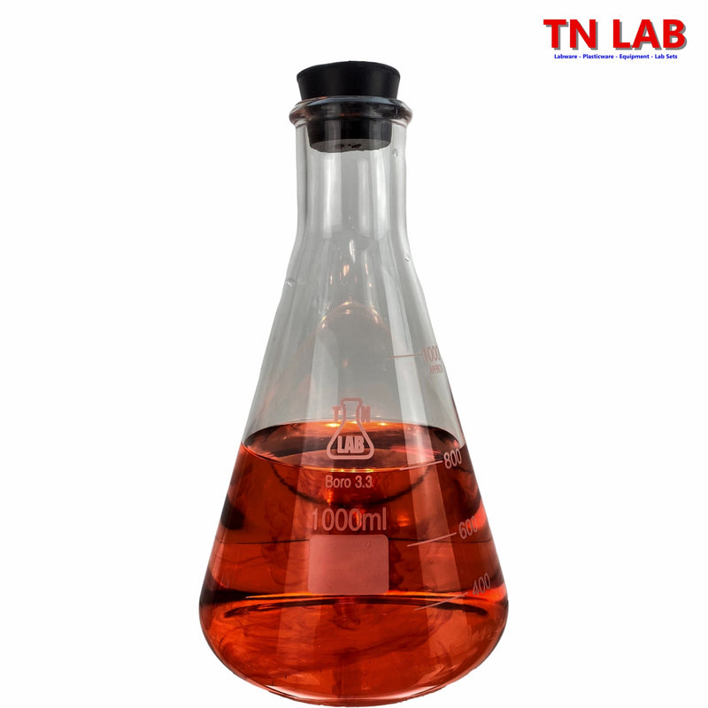 TN LAB Supply 1000ml 1L Erlenmeyer Flask with Rubber Stopper Borosilicate 3.3 Glass