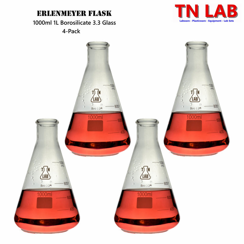 TN LAB 1000ml 1L Erlenmeyer Conical Flask Borosilicate 3.3 Glass 4-Pack