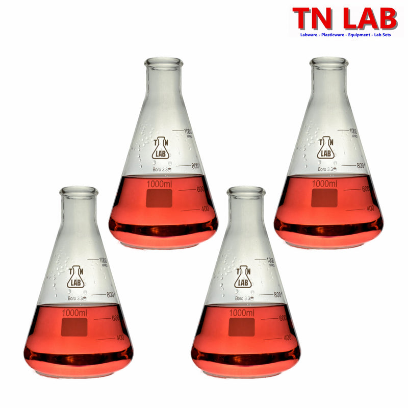 TN LAB 1000ml 1L Erlenmeyer Conical Flask Borosilicate 3.3 Glass 4-Pack