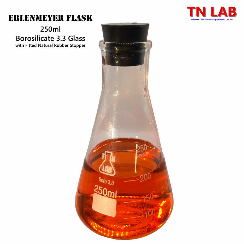 TN LAB Supply 250ml Erlenmeyer Flask with Rubber Stopper Borosilicate 3.3 Glass