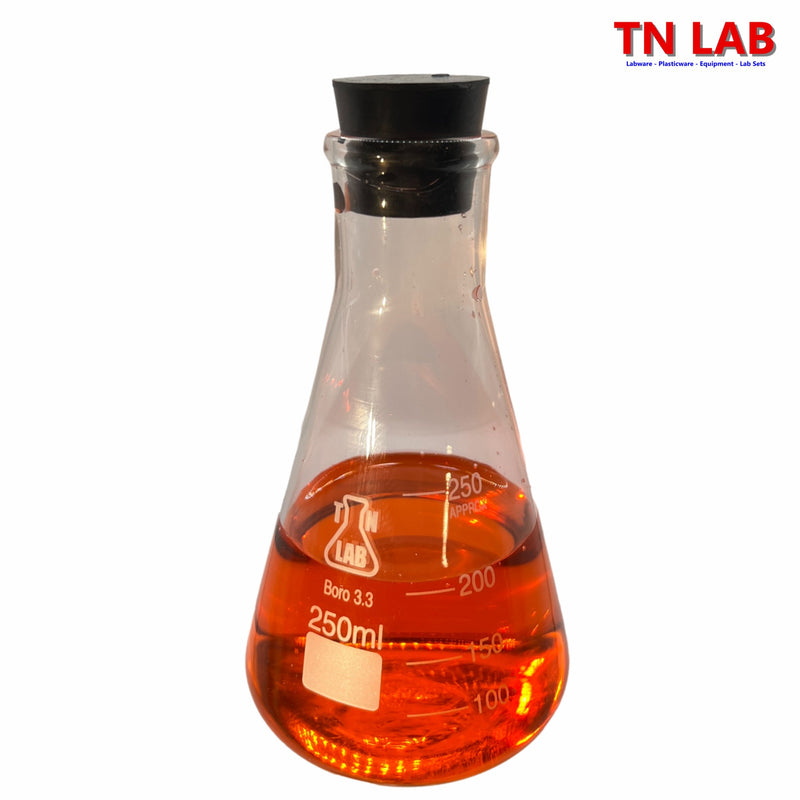 TN LAB Supply 250ml Erlenmeyer Flask with Rubber Stopper Borosilicate 3.3 Glass