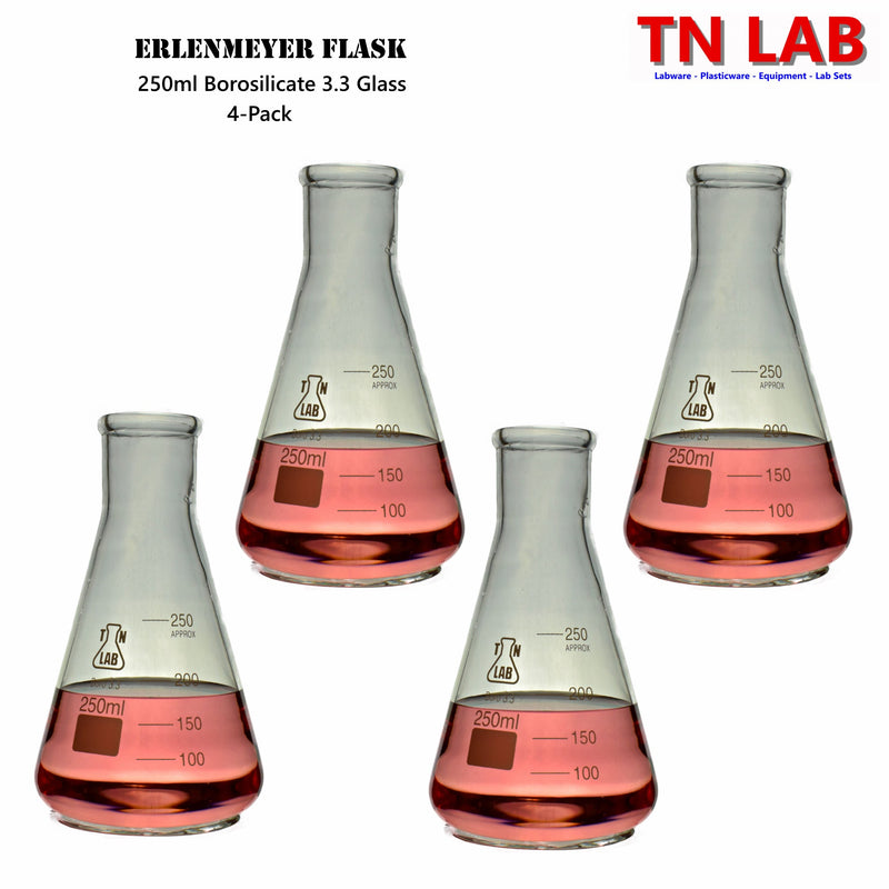 TN LAB 250ml Erlenmeyer Conical Flask Borosilicate 3.3 Glass 4-Pack