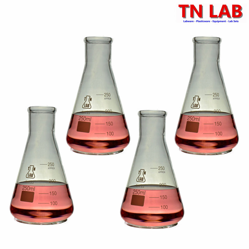 TN LAB 250ml Erlenmeyer Conical Flask Borosilicate 3.3 Glass 4-Pack