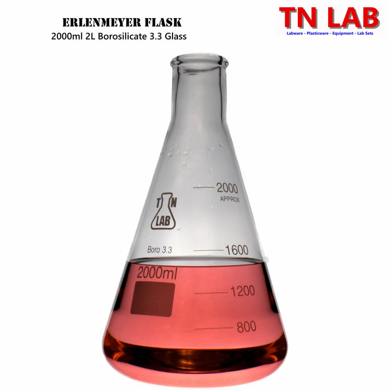 Erlenmeyer Flask Borosilicate 3.3 Glass 2000ml 2L w-Rubber Stopper