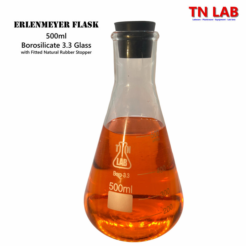 TN LAB Supply 500ml Erlenmeyer Flask with Rubber Stopper Borosilicate 3.3 Glass