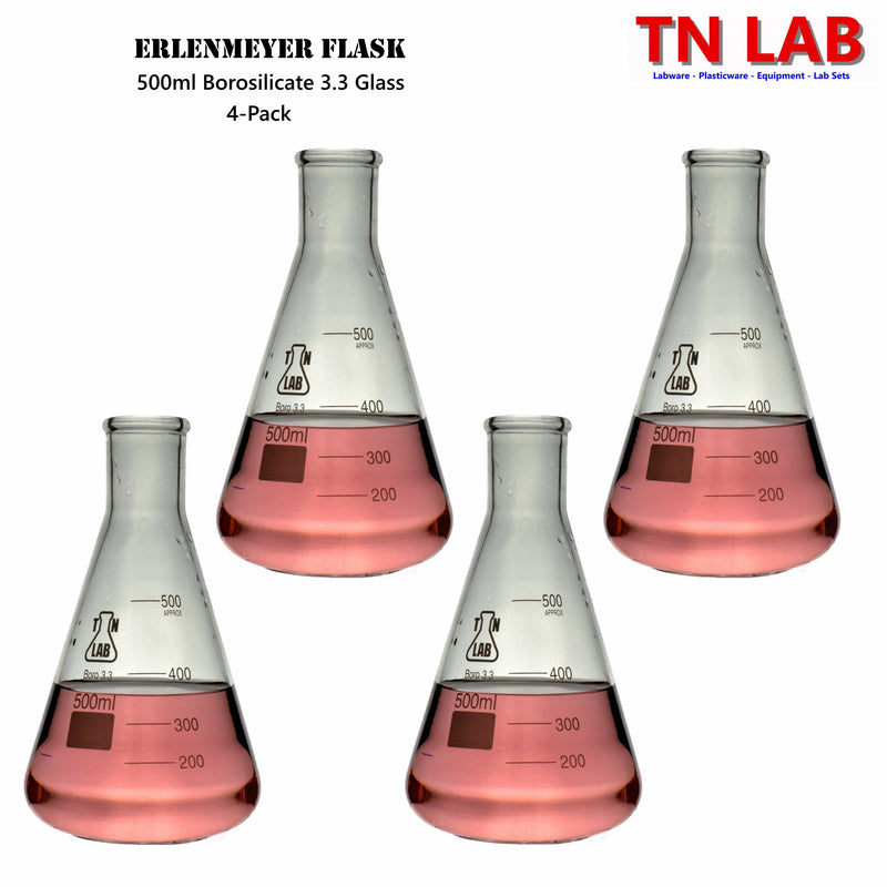 TN LAB 500ml Erlenmeyer Conical Flask Borosilicate 3.3 Glass 4-Pack