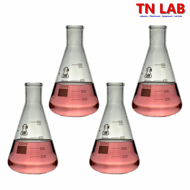 TN LAB 500ml Erlenmeyer Conical Flask Borosilicate 3.3 Glass 4-Pack