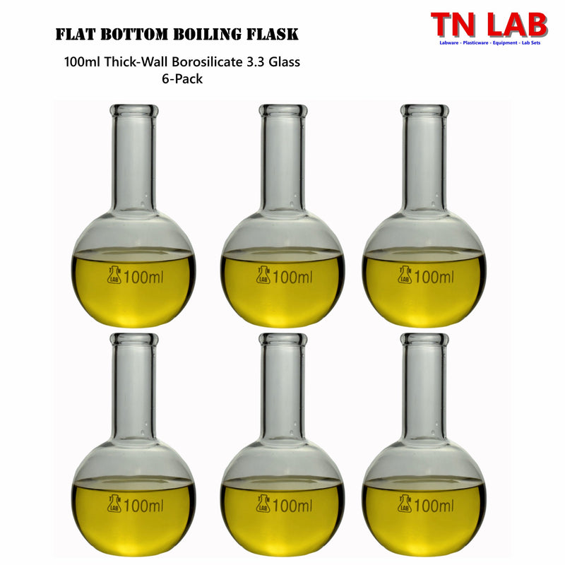TN LAB Supply 100ml Flat Bottom Boiling Flask Thick-Wall Borosilicate 3.3 Glass 6-Pack