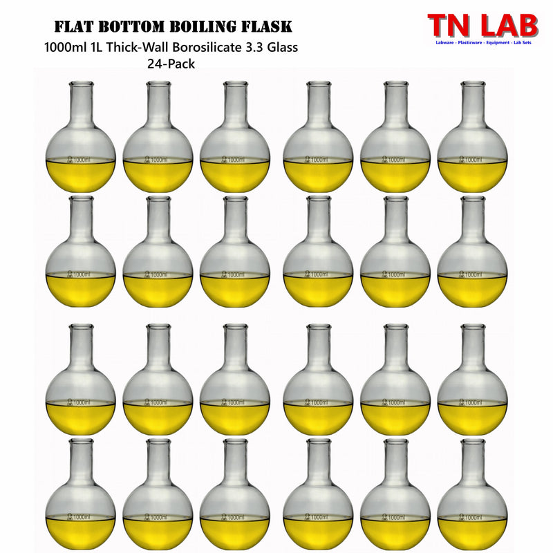TN LAB Supply 1000ml 1L Flat Bottom Boiling Flask Thick-Wall Borosilicate 3.3 Glass 24-Pack