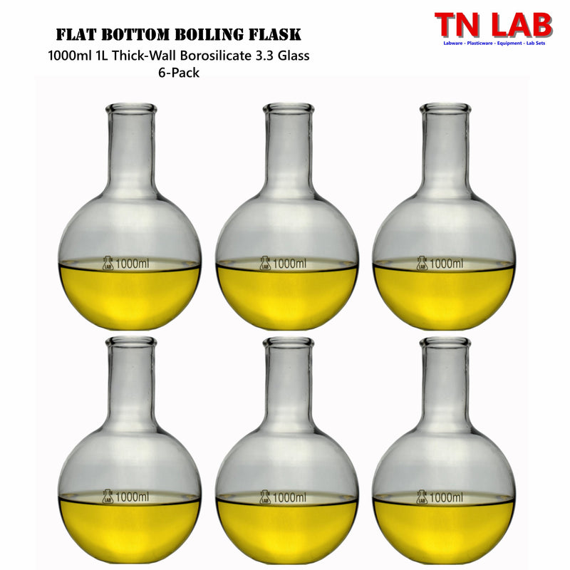 TN LAB Supply 1000ml 1L Flat Bottom Boiling Flask Thick-Wall Borosilicate 3.3 Glass 6-Pack