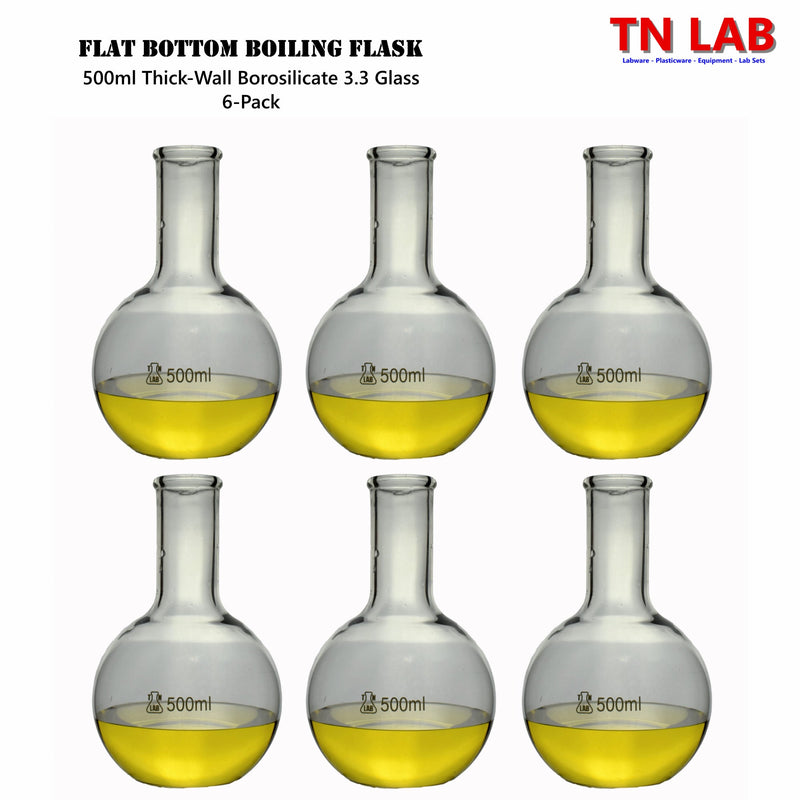 TN LAB Supply 500ml Flat Bottom Boiling Flask Thick-Wall Borosilicate 3.3 Glass 6-Pack