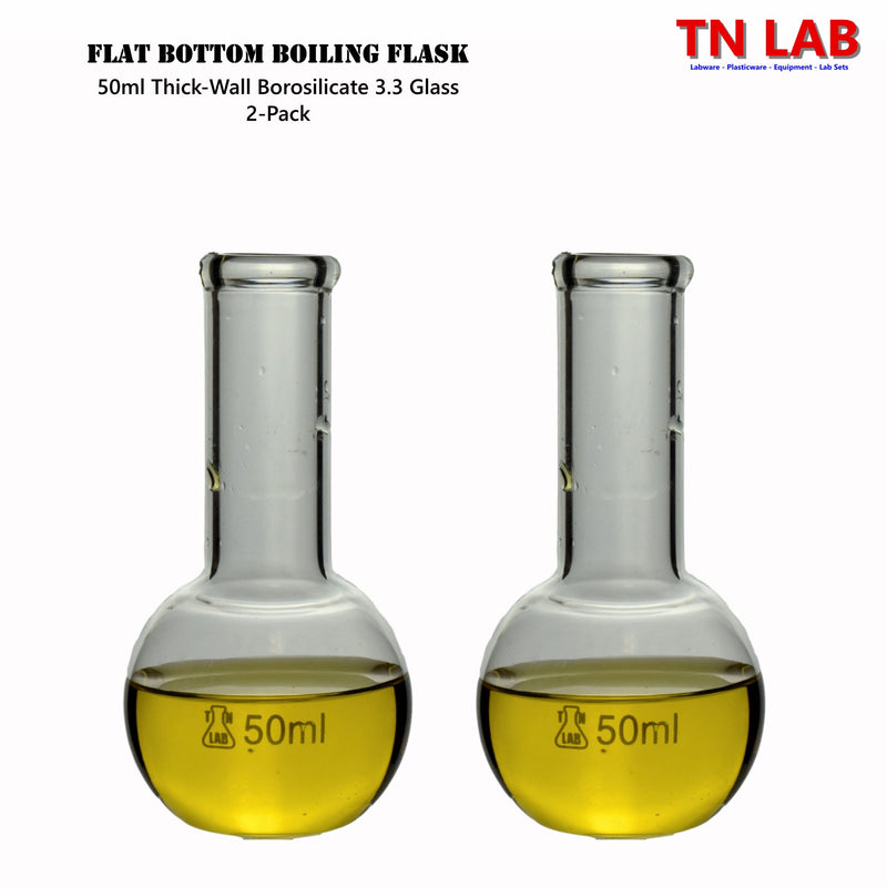 TN LAB Supply 50ml Flat Bottom Boiling Flask Thick-Wall Borosilicate 3.3 Glass 2-Pack