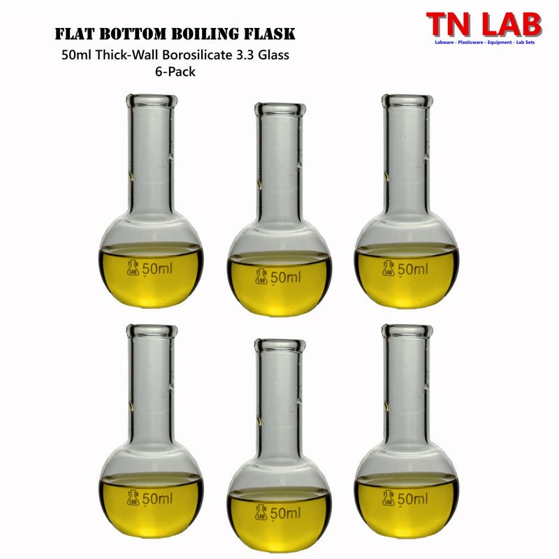 TN LAB Supply 50ml Flat Bottom Boiling Flask Thick-Wall Borosilicate 3.3 Glass 6-Pack