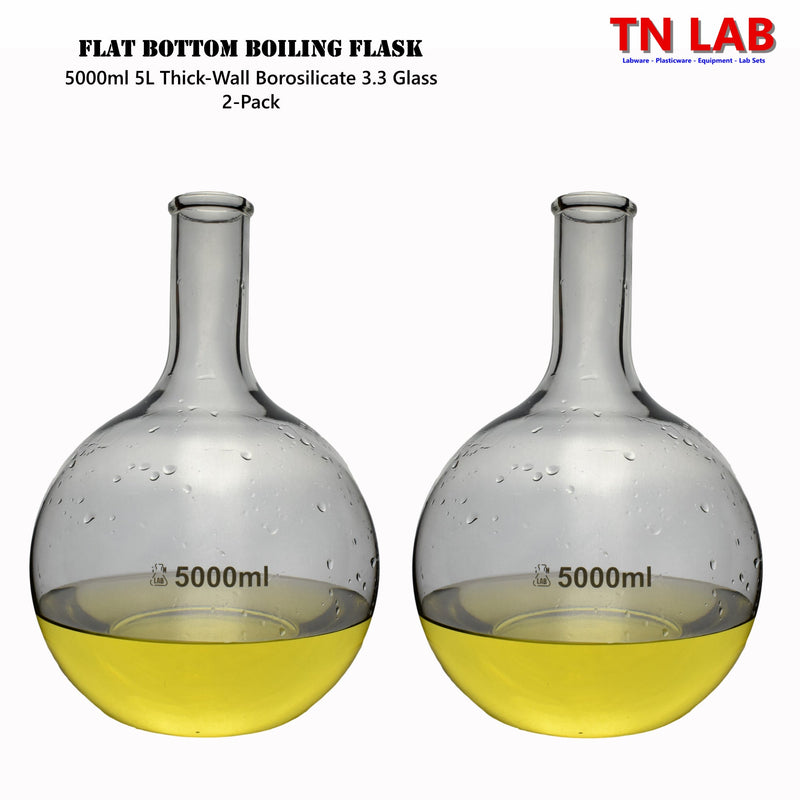 TN LAB Supply 5000ml 5L Flat Bottom Boiling Flask Thick-Wall Borosilicate 3.3 Glass 2-Pack