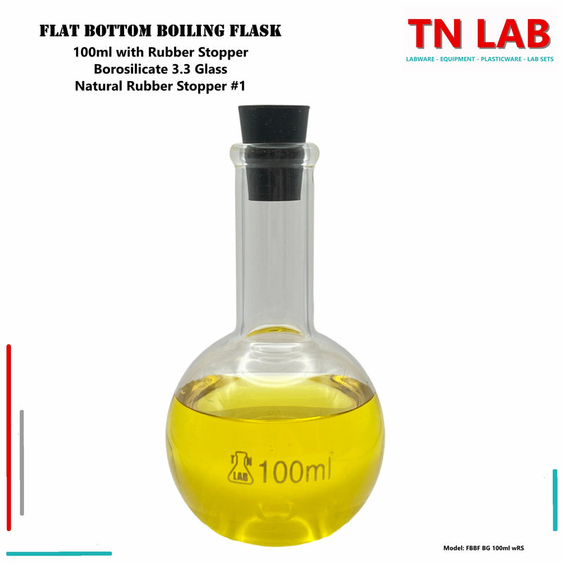 TN LAB Supply 100ml Flat Bottom Boiling Flask Borosilicate 3.3 Glass with Natural Rubber Stopper