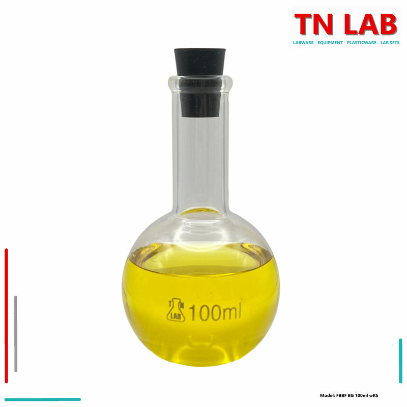 TN LAB Supply 100ml Flat Bottom Boiling Flask Borosilicate 3.3 Glass with Natural Rubber Stopper