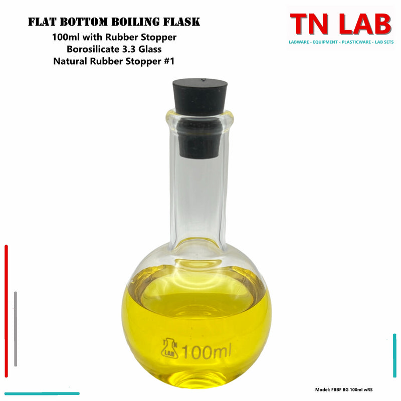 TN LAB Supply 100ml Flat Bottom Boiling Flask Borosilicate 3.3 Glass with Natural Rubber Stopper