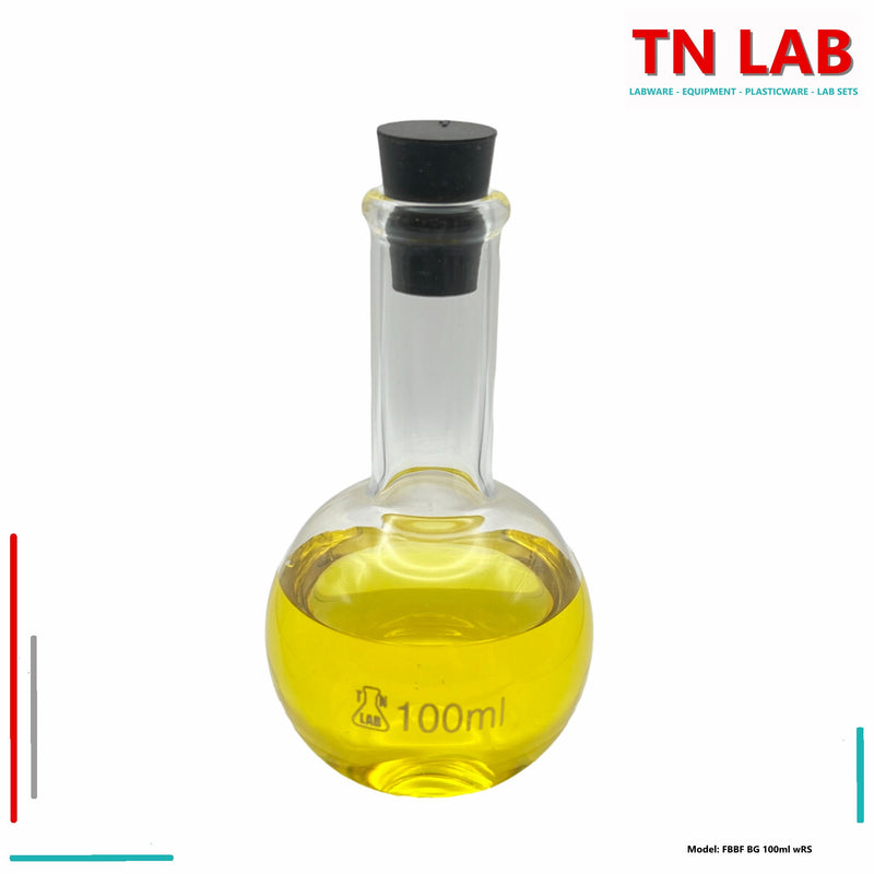 TN LAB Supply 100ml Flat Bottom Boiling Flask Borosilicate 3.3 Glass with Natural Rubber Stopper