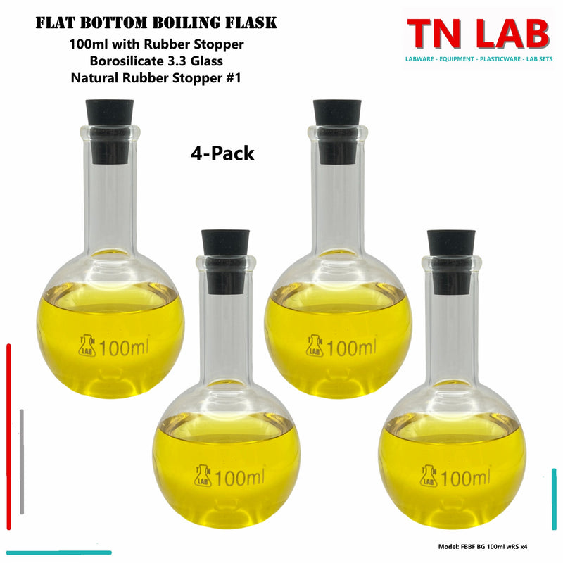 TN LAB Supply 100ml Flat Bottom Boiling Flask Borosilicate 3.3 Glass with Natural Rubber Stopper 4-Pack