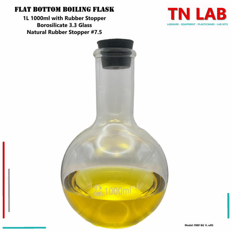 TN LAB Supply 1000ml 1L Flat Bottom Boiling Flask Florence Flask Thick-Wall Borosilicate 3.3 Glass with Natural Rubber Stopper