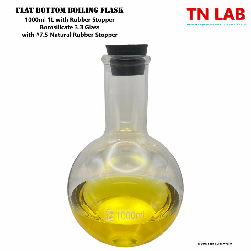 Flat Bottom Boiling Flask Florence Flask Borosilicate Glass 1000ml 1L with Rubber Stopper