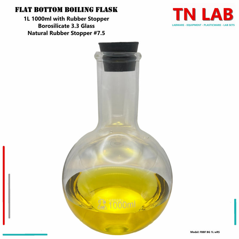 TN LAB Supply 1000ml 1L Flat Bottom Boiling Flask Florence Flask Thick-Wall Borosilicate 3.3 Glass with Natural Rubber Stopper