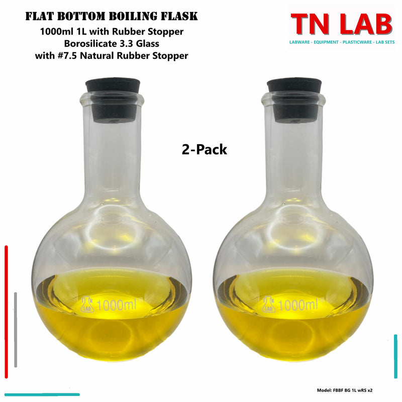 TN LAB Supply 1000ml 1L Flat Bottom Boiling Flask Florence Flask Thick-Wall Borosilicate 3.3 Glass with Natural Rubber Stopper 2-Pack