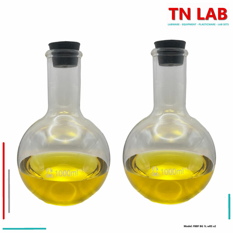 TN LAB Supply 1000ml 1L Flat Bottom Boiling Flask Florence Flask Thick-Wall Borosilicate 3.3 Glass with Natural Rubber Stopper 2-Pack