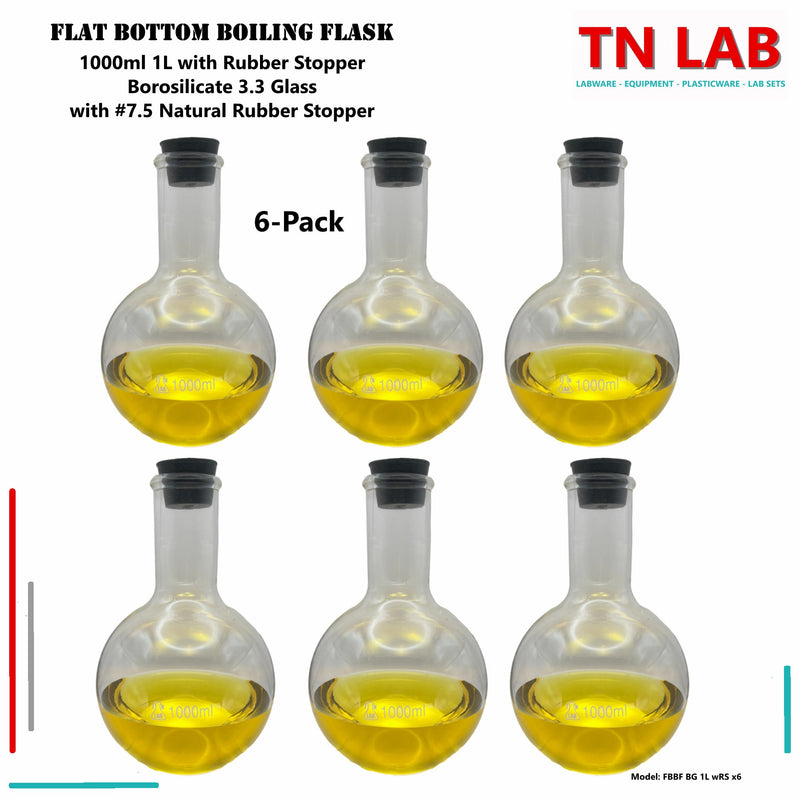 TN LAB Supply 1000ml 1L Flat Bottom Boiling Flask Florence Flask Thick-Wall Borosilicate 3.3 Glass with Natural Rubber Stopper 6-Pack