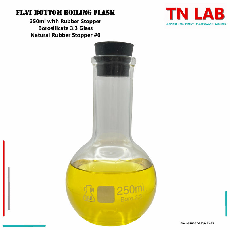 TN LAB Supply 250ml Flat Bottom Boiling Flask Heavy-Wall Borosilicate 3.3 Glass with Natural Rubber Stopper