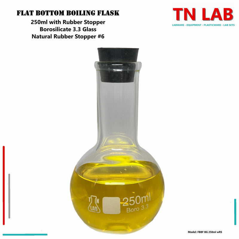 TN LAB Supply 250ml Flat Bottom Boiling Flask Heavy-Wall Borosilicate 3.3 Glass with Natural Rubber Stopper