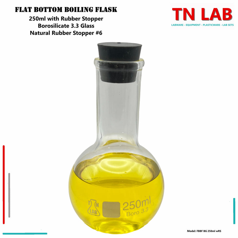 TN LAB Supply 250ml Flat Bottom Boiling Flask Heavy-Wall Borosilicate 3.3 Glass with Natural Rubber Stopper