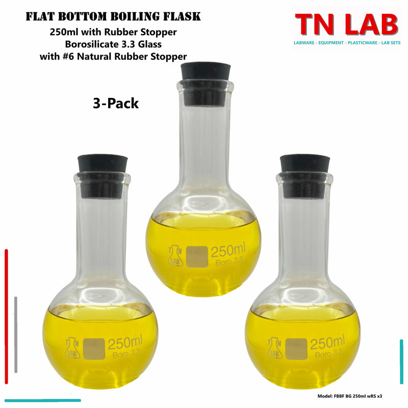 Flat Bottom Boiling Flask Florence Flask Borosilicate Glass 250ml with Rubber Stopper