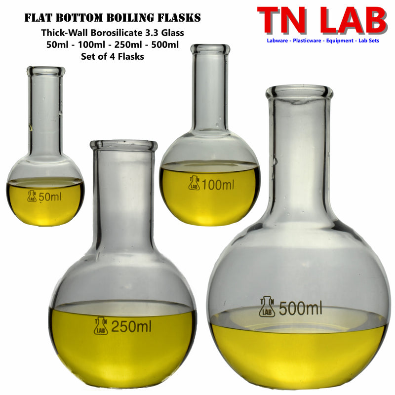 TN LAB Supply Flat Bottom Boiling Flask Set of 4 Flask Borosilicate 3.3 Glass 50ml 100ml 250ml 500ml Set of 4 Flasks