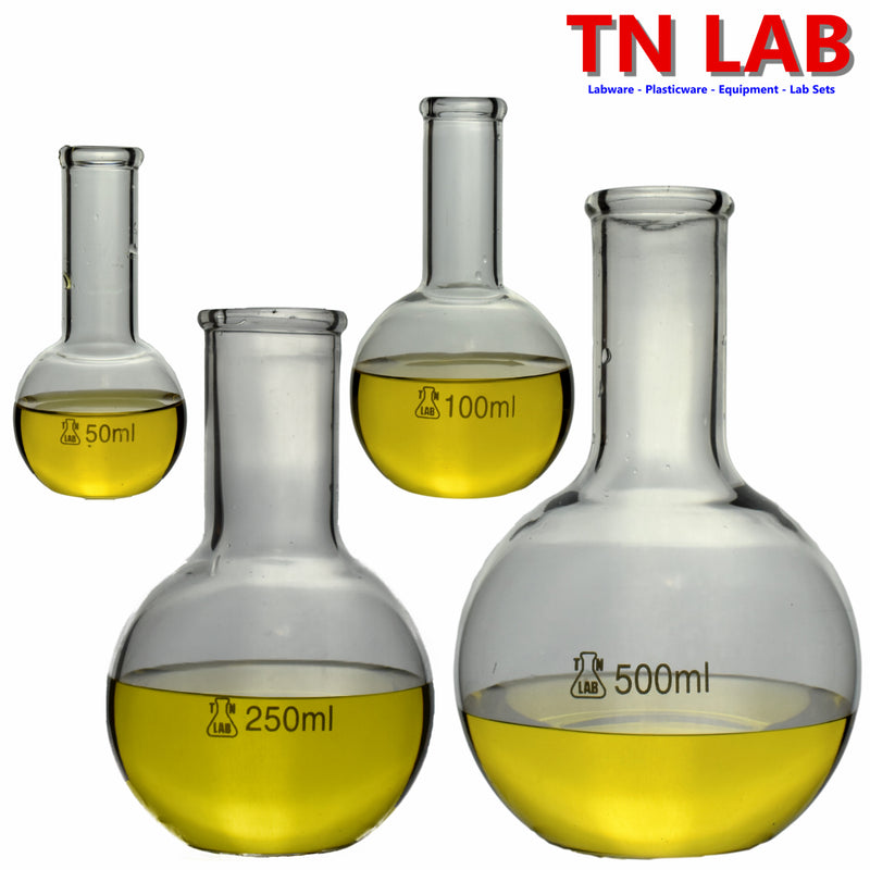 TN LAB Supply Flat Bottom Boiling Flask Set of 4 Flask Borosilicate 3.3 Glass 50ml 100ml 250ml 500ml Set of 4 Flasks