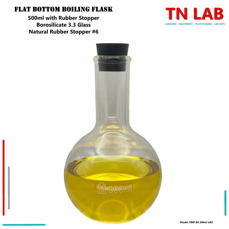 TN LAB Supply 500ml Flat Bottom Boiling Flask Florence Flask Borosilicate 3.3 Glass with Natural Rubber Stopper