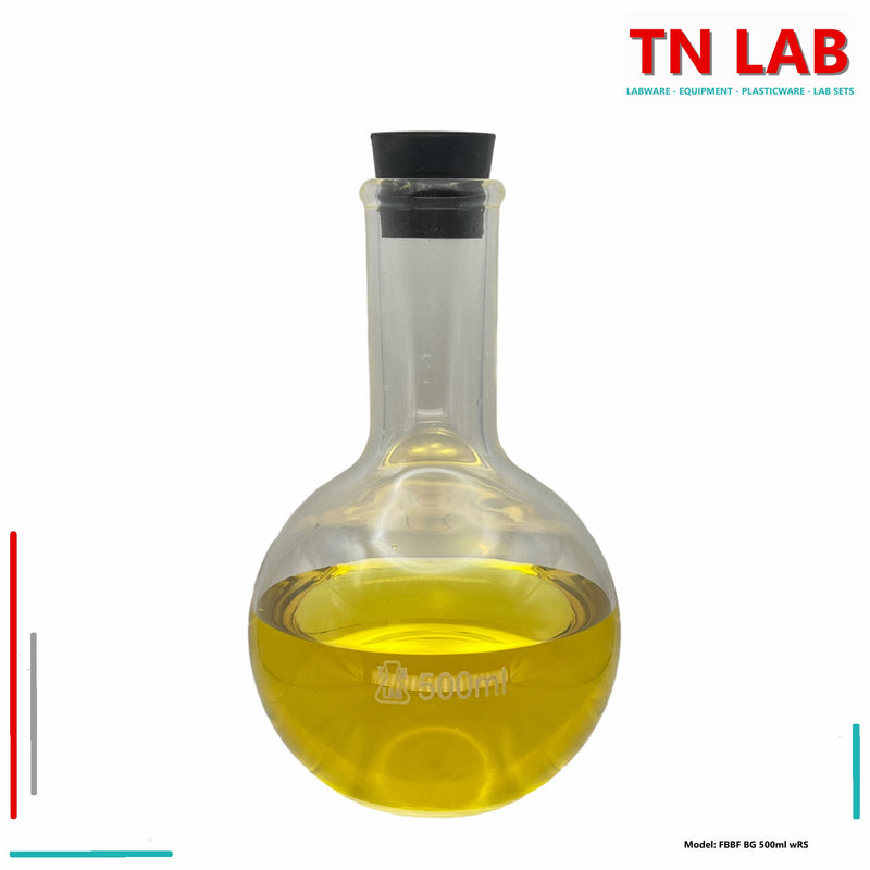 TN LAB Supply 500ml Flat Bottom Boiling Flask Florence Flask Borosilicate 3.3 Glass with Natural Rubber Stopper