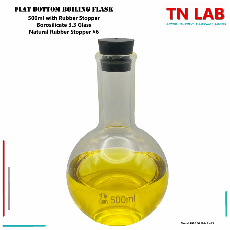 TN LAB Supply 500ml Flat Bottom Boiling Flask Florence Flask Borosilicate 3.3 Glass with Natural Rubber Stopper