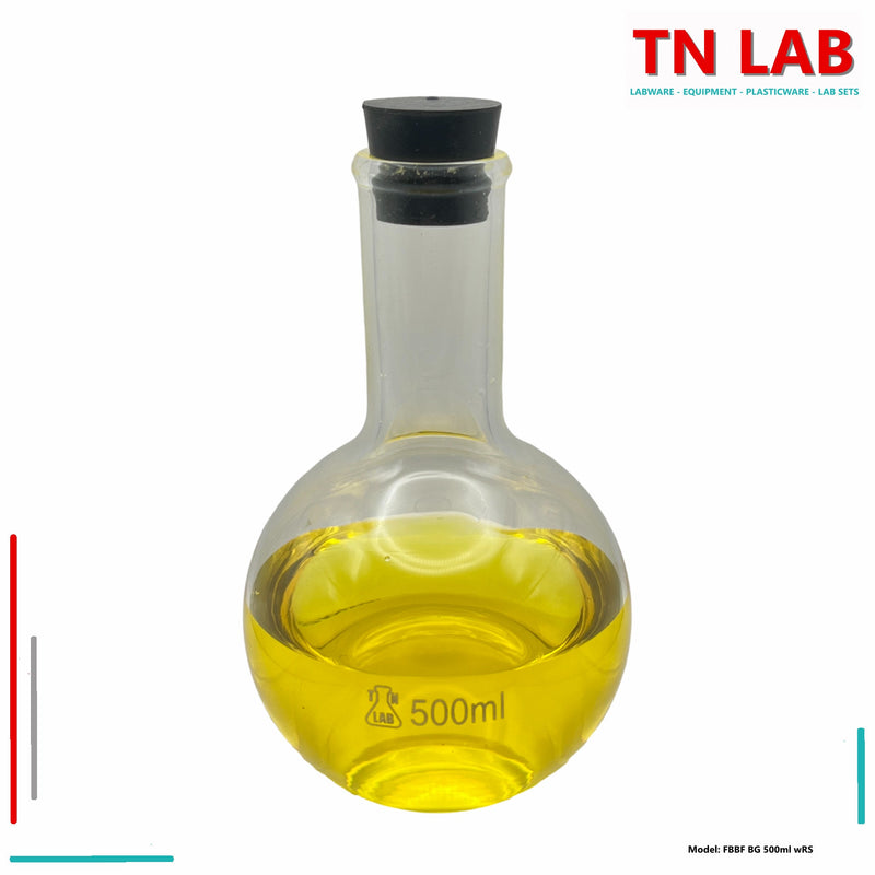 TN LAB Supply 500ml Flat Bottom Boiling Flask Florence Flask Borosilicate 3.3 Glass with Natural Rubber Stopper