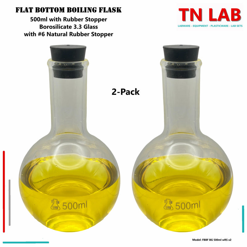 TN LAB Supply 500ml Flat Bottom Boiling Flask Florence Flask Borosilicate 3.3 Glass with Natural Rubber Stopper 2-Pack