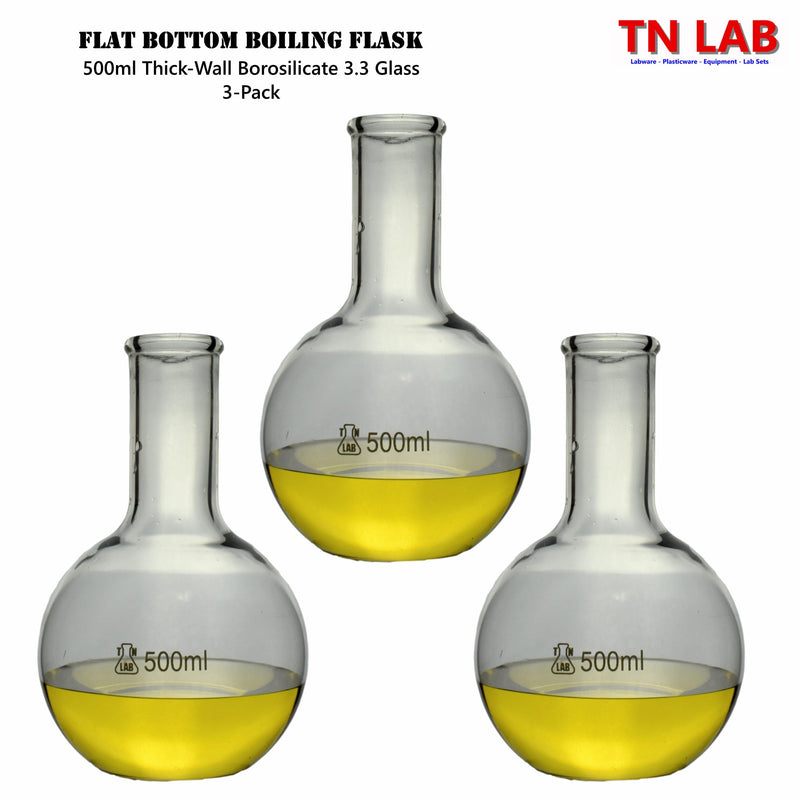 TN LAB Supply Flat Bottom Boiling Flask 500ml Borosilicate 3.3 Glass 3-Pack