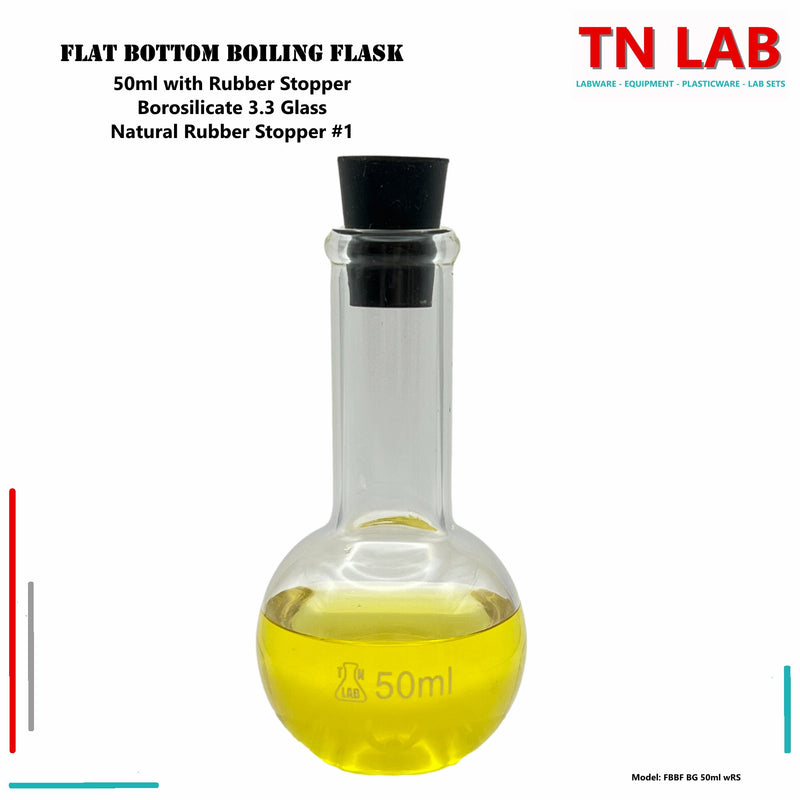 TN LAB Supply 50ml Flat Bottom Boiling Flask  Borosilicate Glass with Rubber Stopper