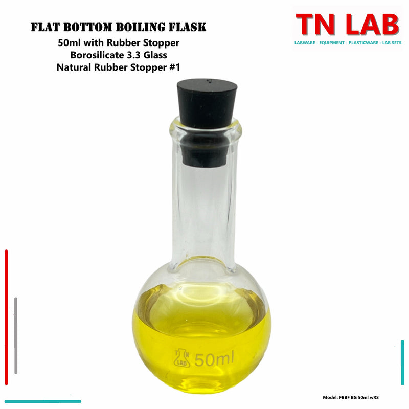 TN LAB Supply 50ml Flat Bottom Boiling Flask  Borosilicate Glass with Rubber Stopper