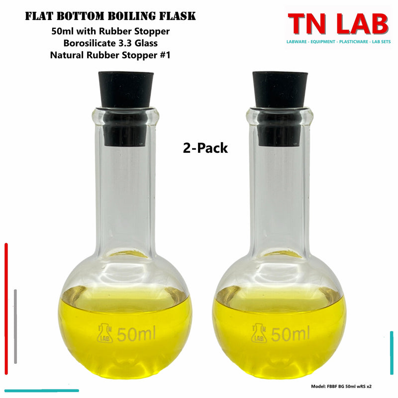 TN LAB Supply 50ml Flat Bottom Boiling Flask  Borosilicate Glass with Rubber Stopper 2-Pack