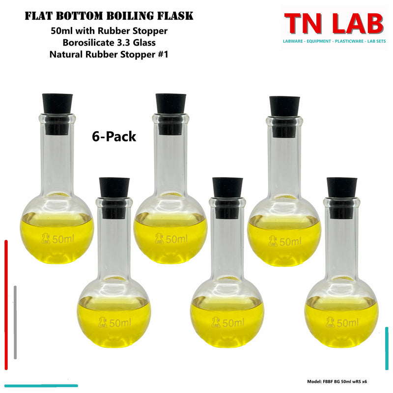 TN LAB Supply 50ml Flat Bottom Boiling Flask  Borosilicate Glass with Rubber Stopper 6-Pack