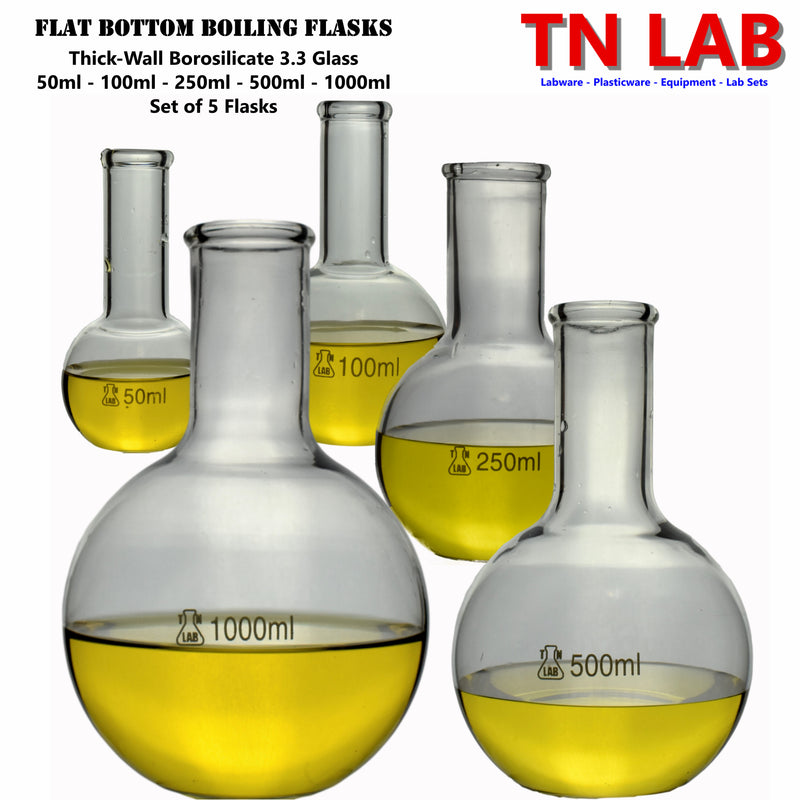 TN LAB Supply Flat Bottom Boiling Flask SET of 5 Flasks Borosilicate 3.3 Glass Thick-Wall