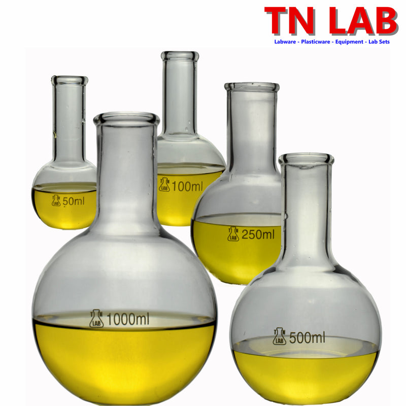 TN LAB Supply Flat Bottom Boiling Flask SET of 4 Flasks Borosilicate 3.3 Glass Thick-Wall